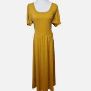 LuLaRoe Riley Dress Empire Midi Women’s 2XL Gold/Mustard Short Sleeve Round Neck